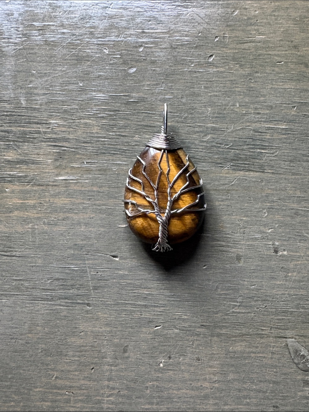 Tree of Life Tiger’s Eye Pendant Necklace in Brown with Silver Wire Wrap
